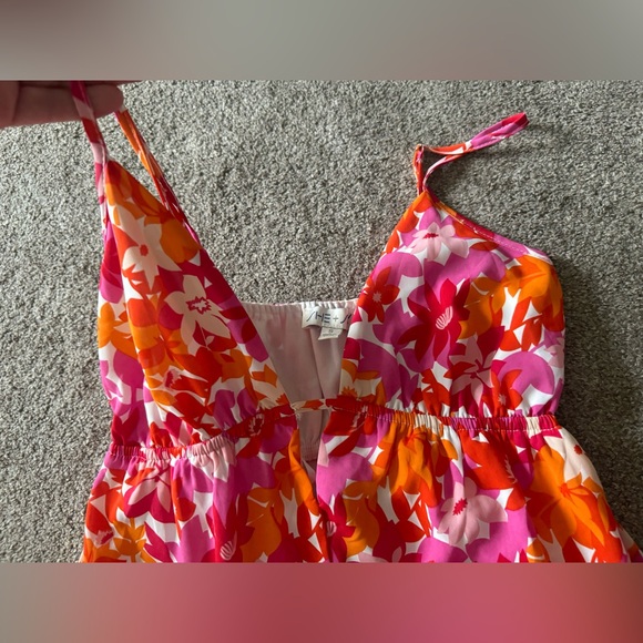 She+Sky Floral Deep V Maxi Dress S Straps Summer Sundress Tangerine & Fuchsia - Picture 10 of 16